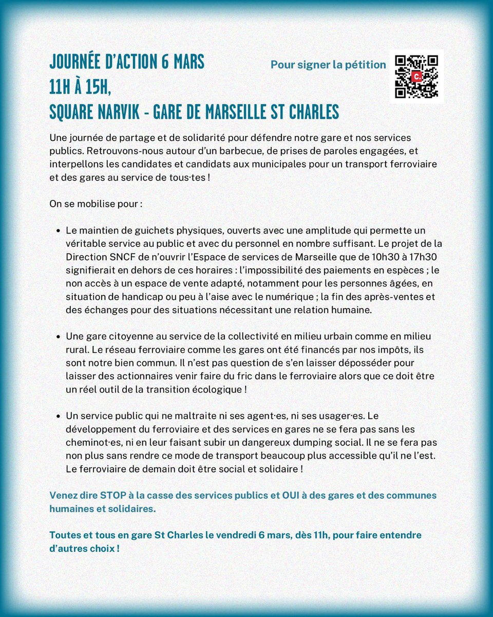 Fede_SUD_Rail's tweet photo. 🚨 Avec  @nosservicespub, nous nous mobiliserons demain à #Marseille devant la gare St Charles.

🔴 STOP à la casse des services #publics ! 

🟢 OUI à des #gares et des communes humaines et solidaires. 

#municipales #ferroviaire @GroupeSNCF https://t.co/f2SDO4J9Sk