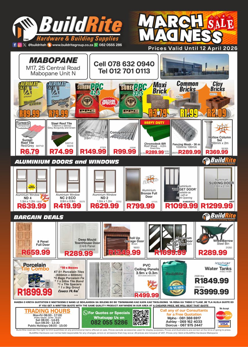 BuildriteH's tweet image. BuildRite Hardware March Madness Sale is now on at Mabopane... Are you ready for these Crazy prices and many more Amazing deals!!!😁

#BuildRite #buildritehardware #mabopane #tshwane #soshanguve #UnitN #0190