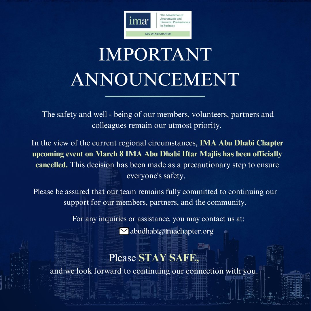 ❗️Important Update❗️
Your safety is our priority. The 𝐈𝐌𝐀 𝐀𝐛𝐮 𝐃𝐡𝐚𝐛𝐢 𝐈𝐟𝐭𝐚𝐫 𝐌𝐚𝐣𝐥𝐢𝐬 on 𝐌𝐚𝐫𝐜𝐡 𝟖, 𝟐𝟎𝟐𝟔 is cancelled as a precaution.
We remain committed to supporting our community. 𝐏𝐥𝐞𝐚𝐬𝐞 𝐒𝐓𝐀𝐘 𝐒𝐀𝐅𝐄.
#imacommunity #AbuDhabi #UAE #staysafe