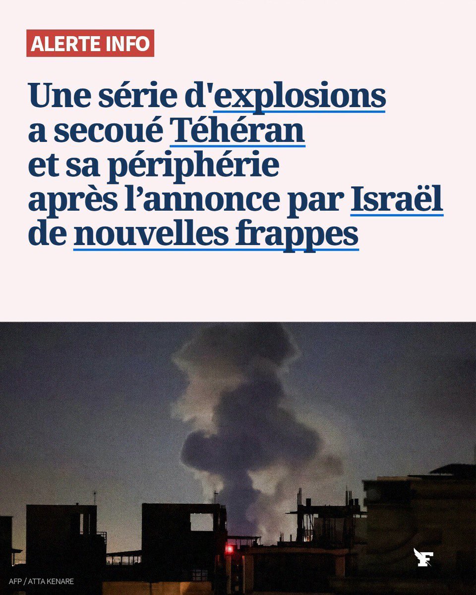 Guerre au moyen orient : 🚨Plusieurs explosions ont frappé jeudi matin Téhéran et sa périphérie ouest, ont rapporté les médias locaux, après l’annonce par Israël de nouvelles frappes au sixième jour d’une guerre qui s’est étendue à l’ensemble du Moyen-Orient. (LE FIGARO)