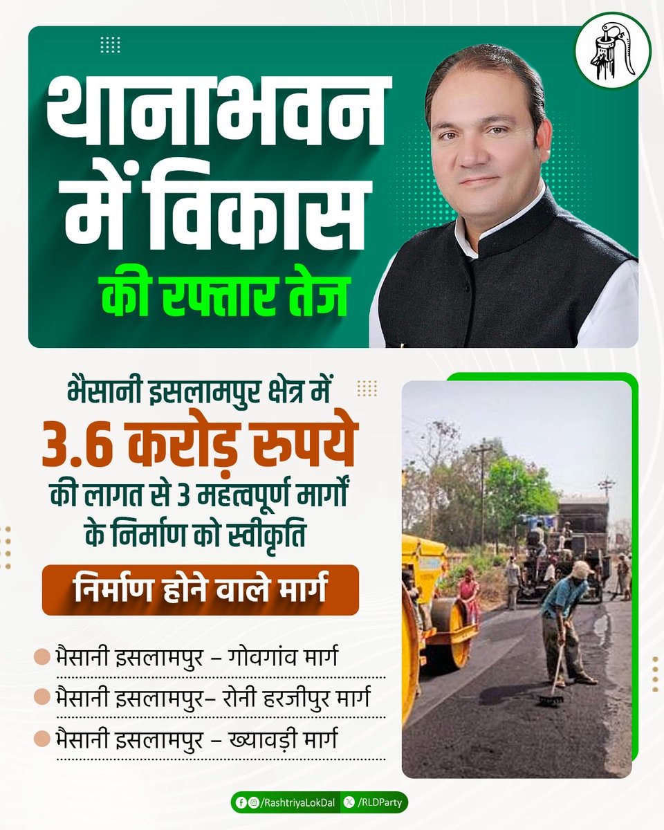 थानाभवन में विकास की रफ्तार तेज। 

भैसानी इसलामपुर क्षेत्र में 3.6 करोड़ रुपये की लागत से तीन महत्वपूर्ण मार्गों के निर्माण को स्वीकृति मिली है। इससे क्षेत्र में आवागमन और अधिक सुगम होगा तथा व्यापार, शिक्षा और स्थानीय विकास को नई गति मिलेगी।

राष्ट्रीय लोकदल हमेशा क्षेत्र के