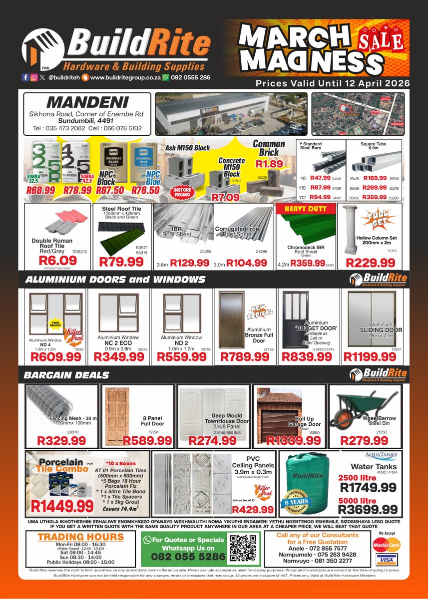 BuildriteH's tweet image. BuildRite Hardware March Madness is now on at Mandeni... Are you ready for these Crazy prices and many more Amazing deals!!!😁

#buildritehardware #Mandeni #mandini #sundumbili #ilembe #ilembedistrict #4490