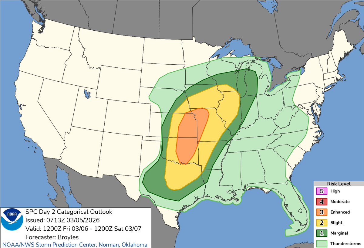 NWSSPC's tweet photo. 1:15am CST #SPC Day2 Outlook Enhanced Risk: across parts of the southern and central Plains into the lower to mid Missouri Valley https://t.co/Y1WiOd8m1i https://t.co/XTCTvYqtlS