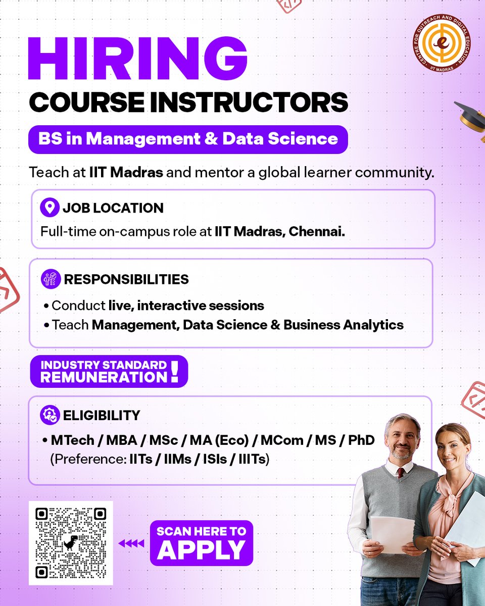 CODE_iitm_'s tweet photo. Join CODE IIT Madras and play a role in delivering impactful digital education to thousands of learners.

Apply now : https://t.co/onbi8EEkCT

Note: This is not a permanent position with the Government of India or IIT Madras.

#IITMadras #Hiring https://t.co/Y6T3U7qwus