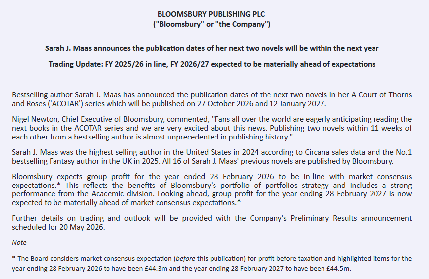 entrustTMF's tweet image. #BMY Bloomsbury Trading Update

Sarah J. Maas announces the publication dates of her next two novels will be within the next year 🥳

Trading Update: FY 2025/26 in line, FY 2026/27 expected to be materially ahead of expectations 🥳

investegate.co.uk/announcement/r…