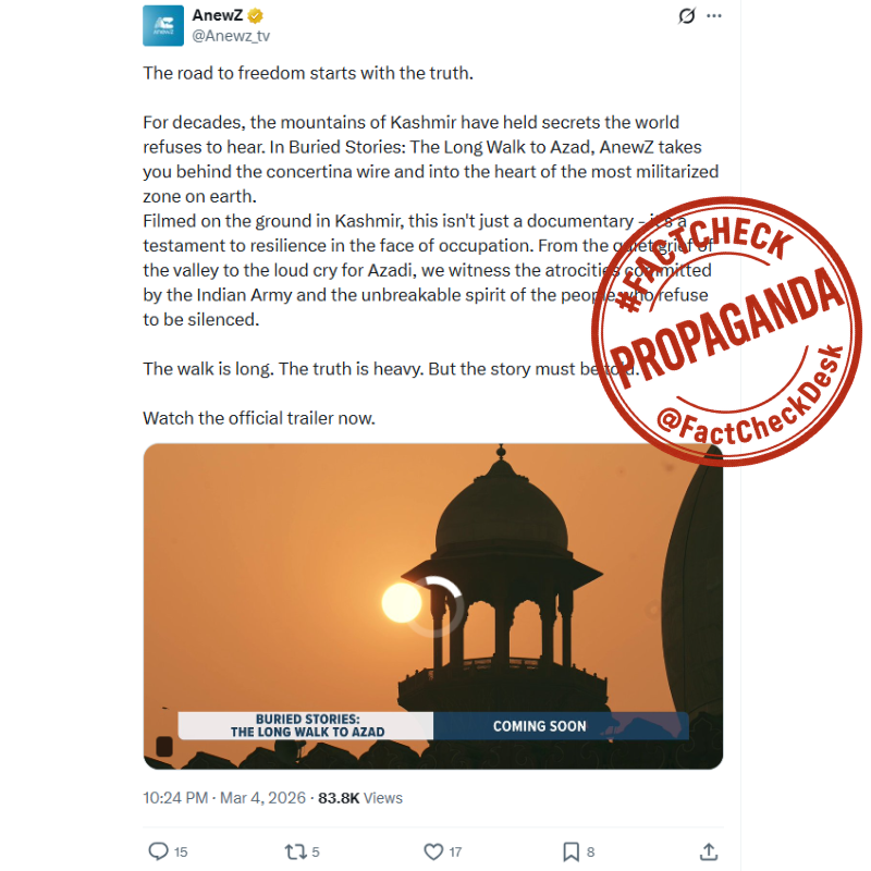 FactCheckDesk's tweet image. A video being promoted by @Anewz_tv titled “Buried Stories: The Long Walk to Azad” is a textbook example of narrative propaganda masquerading as journalism. #Kashmir #Disinformation

The channel, operating out of Baku, Azerbaijan, pushes a carefully curated one-sided storyline
