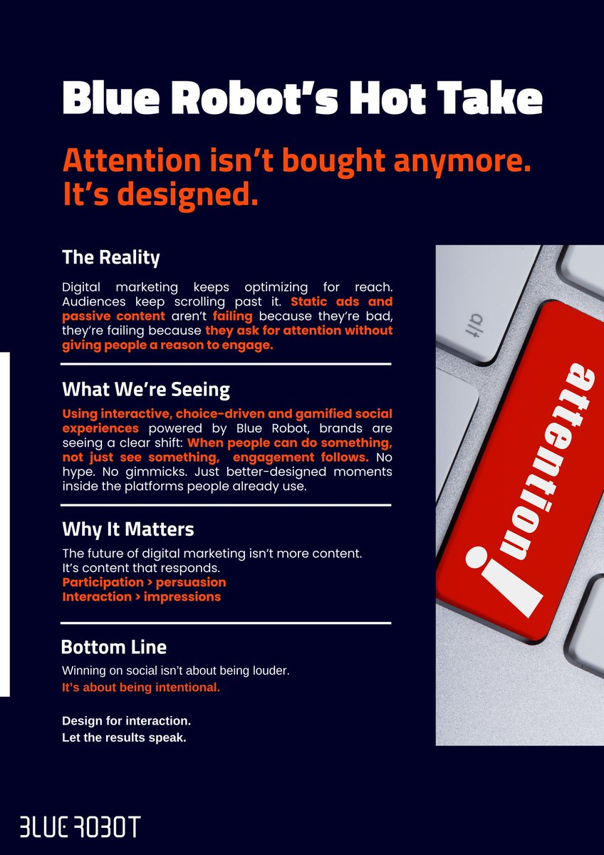 bluerobot_'s tweet photo. Reach is easy. Engagement is not.

When people can participate instead of passively scroll, performance changes.

Here’s our hot take on where digital marketing is actually headed. https://t.co/zMTz7iSeXE