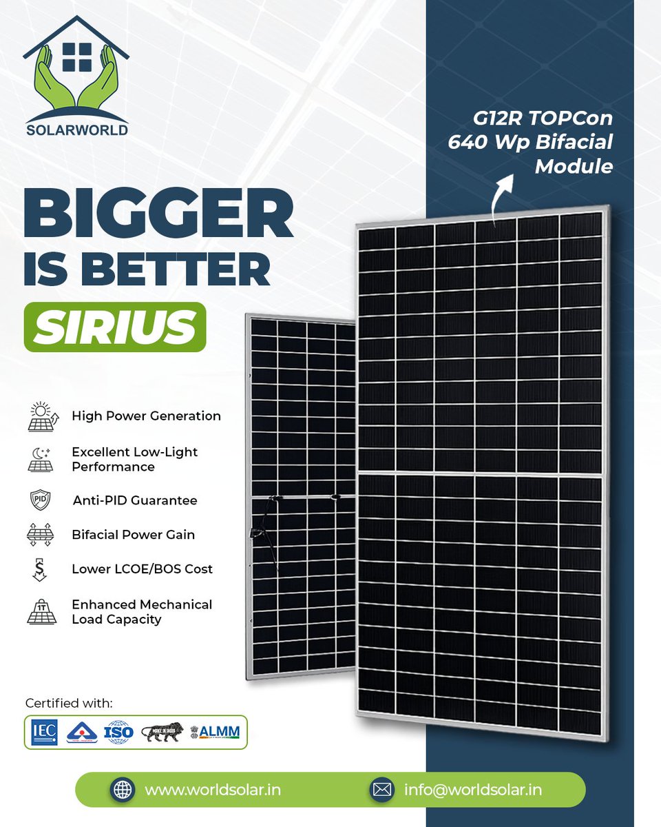 Solarworlden's tweet image. 640 Watts of Pure Innovation. ⚡

The SIRIUS TOPCon Bifacial Module by Solarworld is here to redefine power density.

🔹 High Power Generation
🔹 Lower LCOE
🔹 Anti-PID Guarantee

Check out the future of bifacial technology. worldsolar.in/wp-content/upl…

#Sustainability  #Solarworld