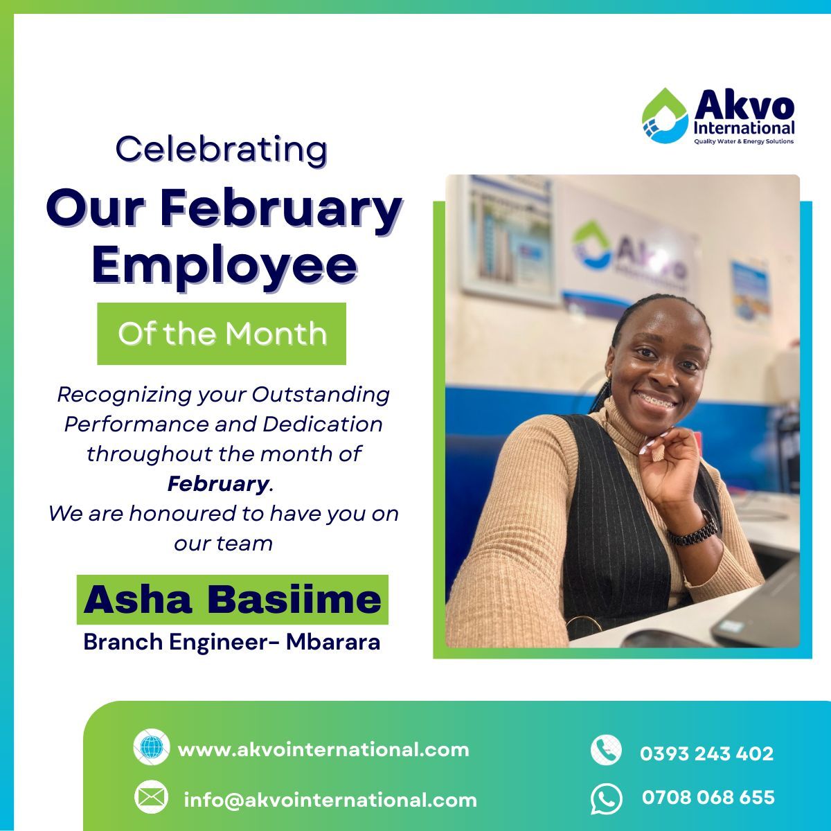 Akvointltd's tweet photo. Congratulations to @asha_basiime_ , Branch Engineer at our Mbarara Office, on being named Employee of the Month for February! 👏

Your dedication, professionalism, and commitment to excellence continue to drive impact and inspire the team. Well deserved, Asha! 🌟 https://t.co/4urZov6I0i