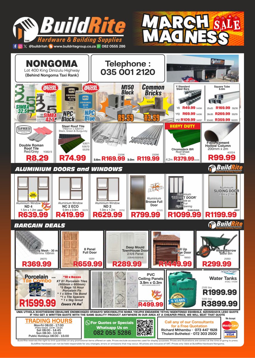 BuildriteH's tweet image. BuildRite Hardware March Madness Sale is now on at Nongoma...Are you ready for these Crazy Prices and many more Amazing deals!!!😁

#buildritehardware #hardware #hardwarestore #affordable #dream
#nongoma #zululand #kwazulunatal #035 #3950