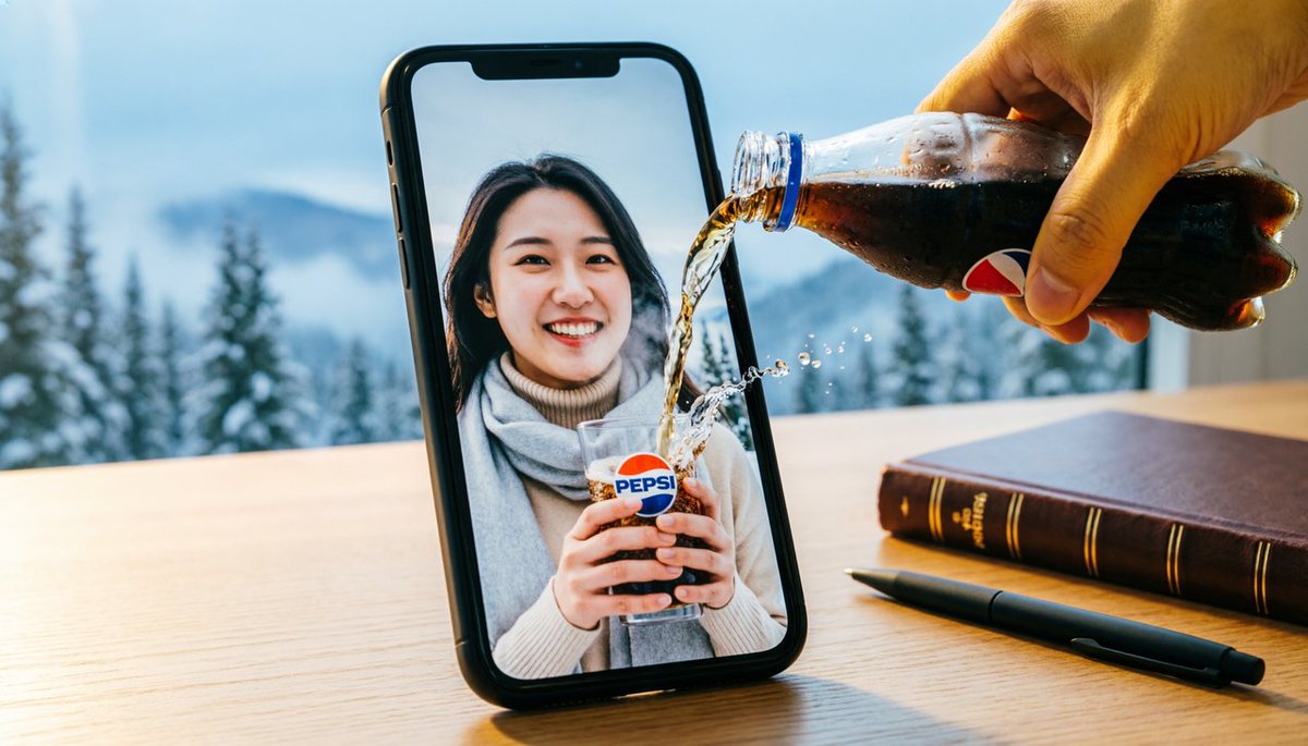 Surreal Composition with Oversized Smartphone and Pepsi