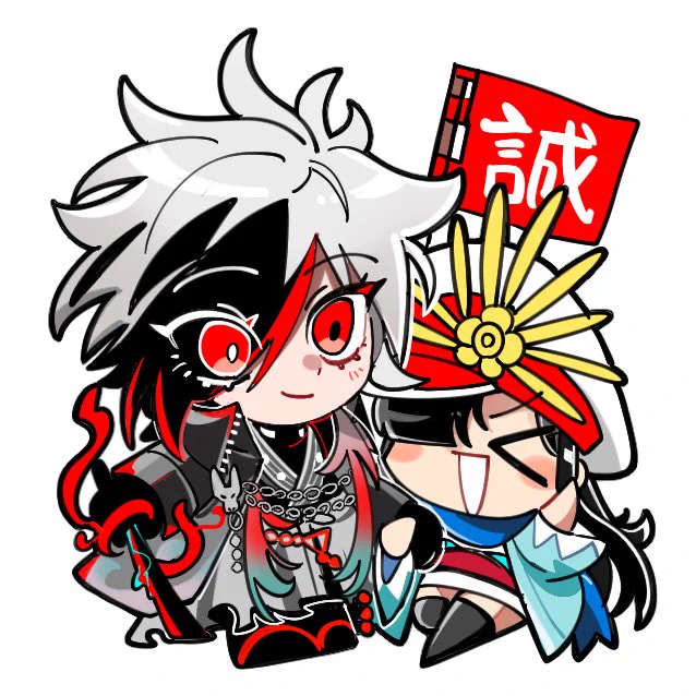 ちょっと進捗を 春コミにてちびノブ隊長とイサミンのこんな感じのアクキーがあります〜