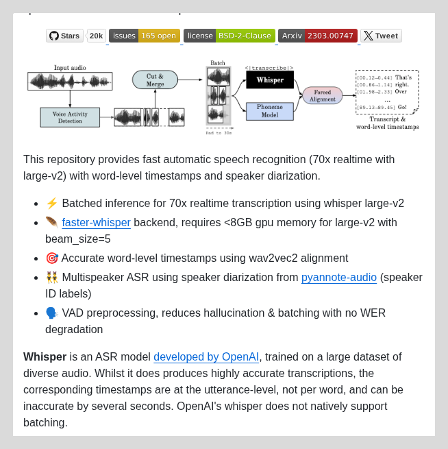 Transcribes audio with timestamps and speaker diarization

github.com/m-bain/whisperX