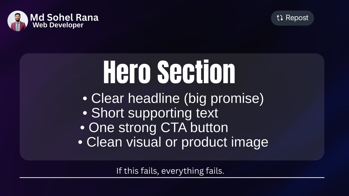 dev_sohel07's tweet image. Most landing pages fail because they look good, 
but don’t follow structure.

Design is important.
But structure converts.

Before your next design, ask:
Does my page follow this anatomy?

#LandingPage #WooCommerce #Webdeveloper #Webdevelopment #WordPress #MdSohelRana