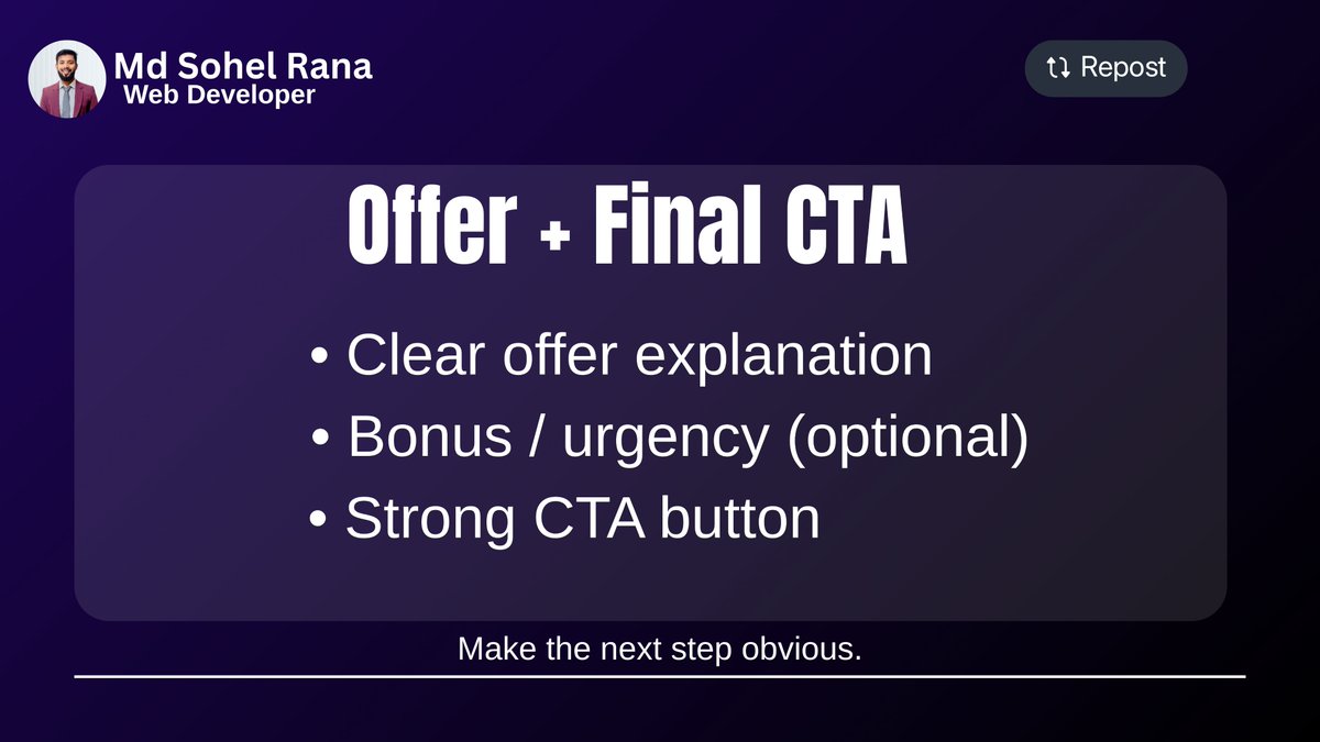 dev_sohel07's tweet image. Most landing pages fail because they look good, 
but don’t follow structure.

Design is important.
But structure converts.

Before your next design, ask:
Does my page follow this anatomy?

#LandingPage #WooCommerce #Webdeveloper #Webdevelopment #WordPress #MdSohelRana