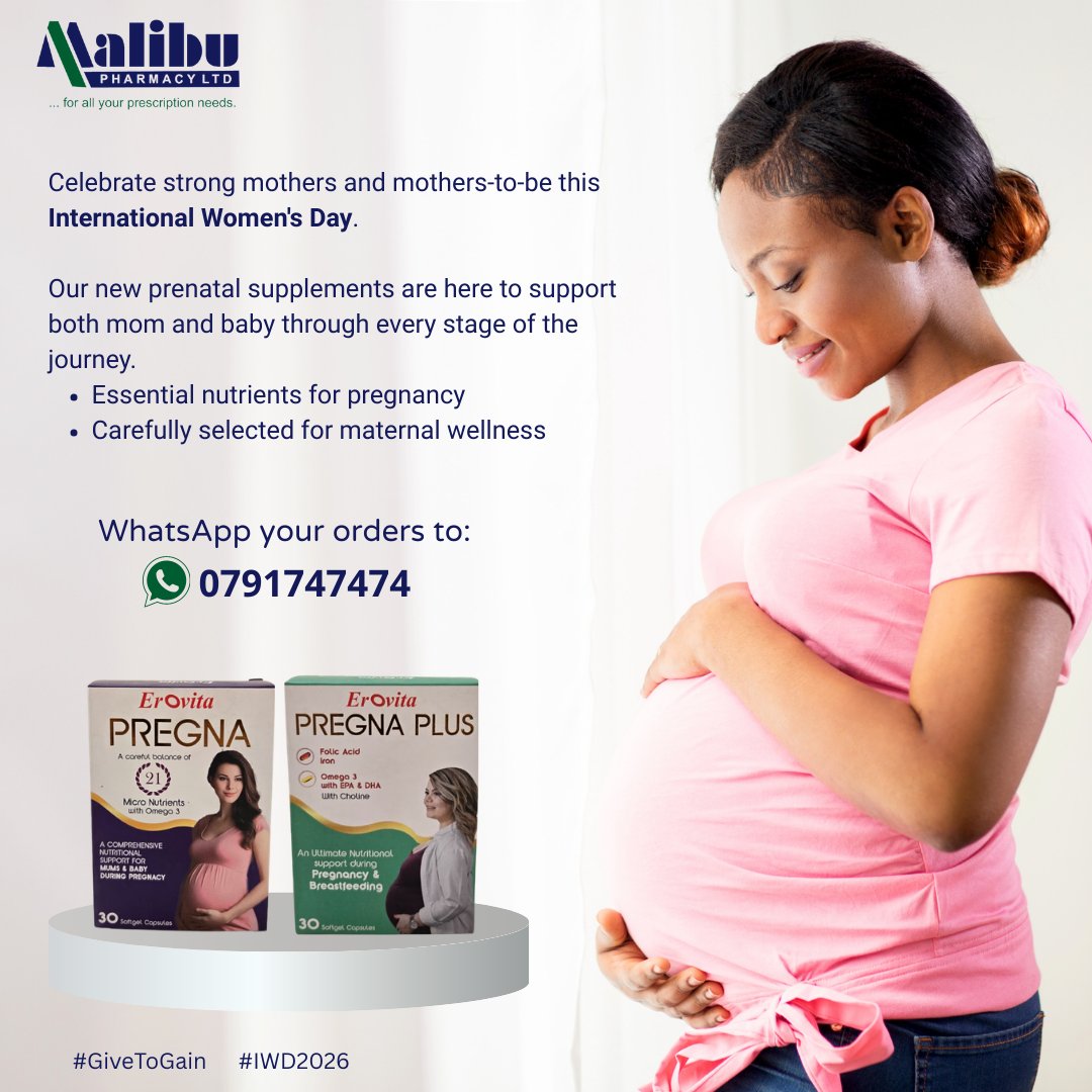 malibupharmacy's tweet photo. This International Women's Day, support your journey to motherhood with Erovita pregnancy supplements for you and your baby.
Call or WhatsApp us at 0791747474 to order online or visit any of our nearest branches. We offer fast and reliable delivery.

 #IWD2026 #GiveToGain https://t.co/0tphaQxl5o