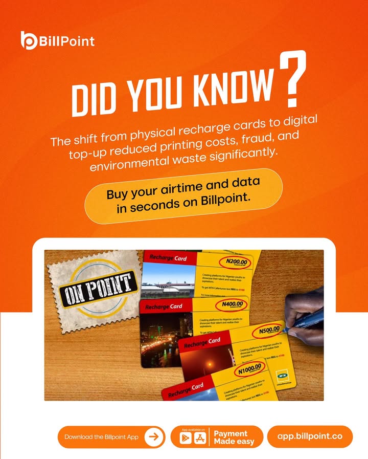 Billpointafrica's tweet image. Did you know? Digital top-ups are the way to go! 🚀 Say goodbye to physical cards and hello to convenience with Billpoint. Buy your airtime and data in seconds.
#Billpoint #DigitalTopUp #Convenience #Explorepage