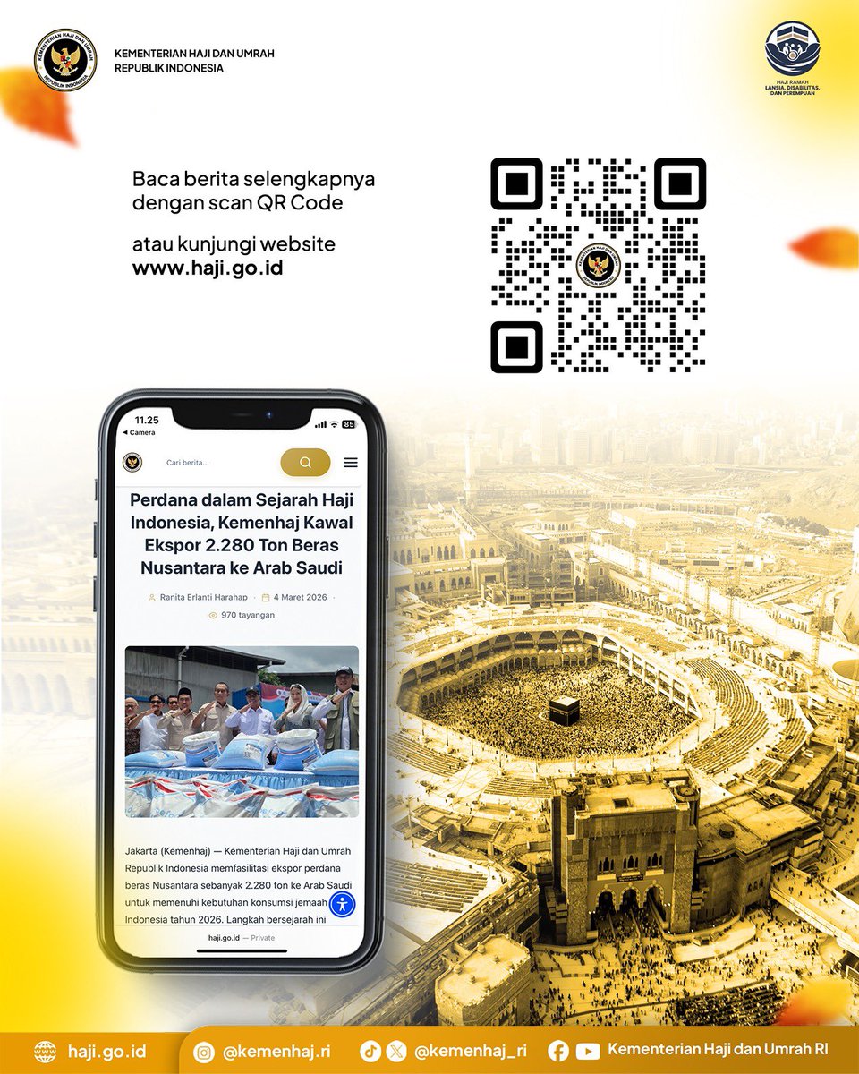 𝟐.𝟐𝟖𝟎 𝐓𝐨𝐧 𝐁𝐞𝐫𝐚𝐬 𝐍𝐮𝐬𝐚𝐧𝐭𝐚𝐫𝐚 𝐤𝐞 𝐀𝐫𝐚𝐛 𝐒𝐚𝐮𝐝𝐢 🌾🇮🇩

Assalamu’alaikum #SobatHaji

Untuk pertama kalinya, 2.280 ton beras Nusantara dikirim ke Arab Saudi untuk kebutuhan jemaah haji 2026.

Info selengkapnya: haji.go.id

#KemenhajRI #Haji2026