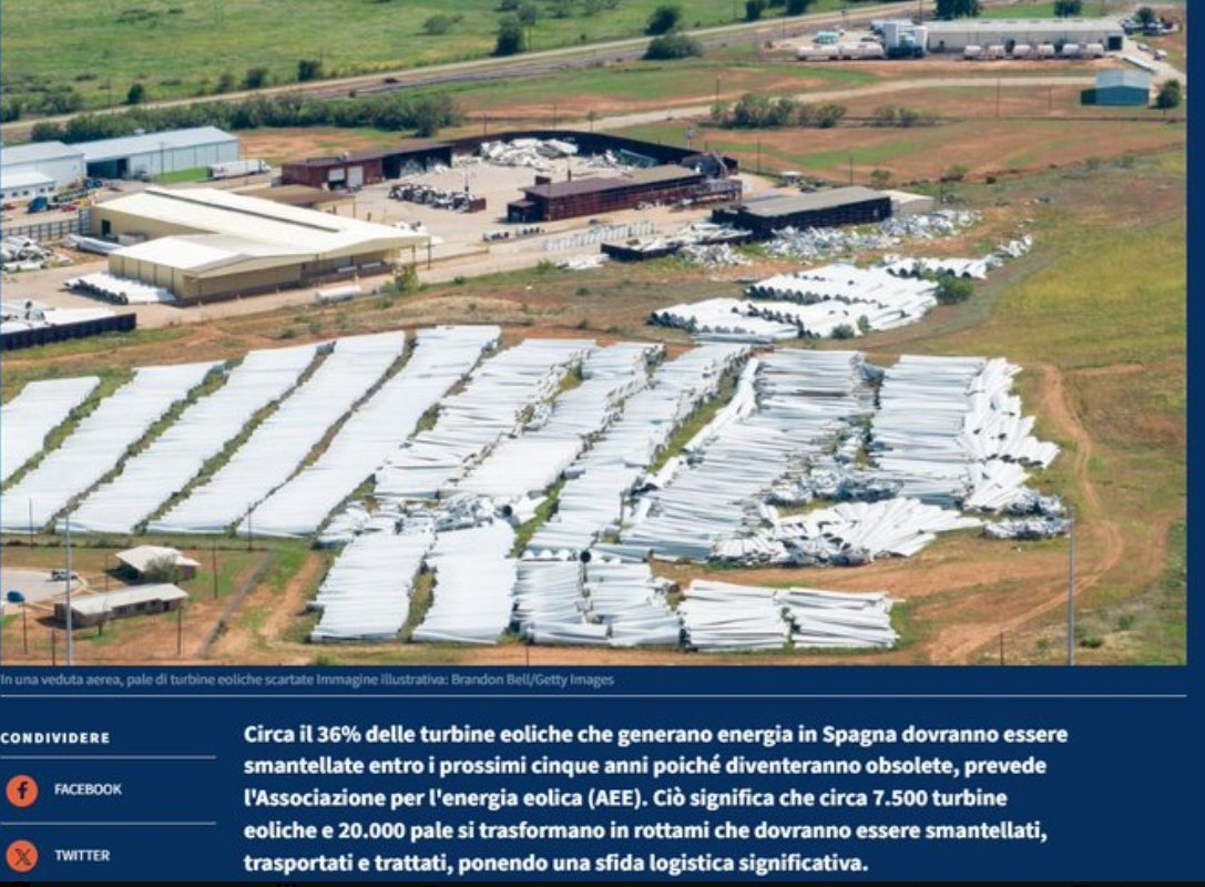 climacritic's tweet photo. "Il 36% delle turbine eoliche in Spagna dovranno essere smantellate nei prossimi 5 anni. Rottami da trasportare e trattare ponendo una sfida logistica significativa. Le pale in fibra di vetro non si sa dove smaltirle perché non ci sono discariche disponibili."    

Rinnovabili https://t.co/XLhPJIfdy6