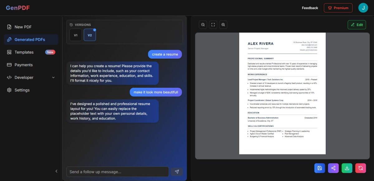 genpdf's tweet photo. Small updates, but they make GenPDF much better:

• Improved layout intelligence for proper pagination  
• Fixed chat history &amp; version control issues  
• Added abort button to stop generation midway https://t.co/QseTYEIygY