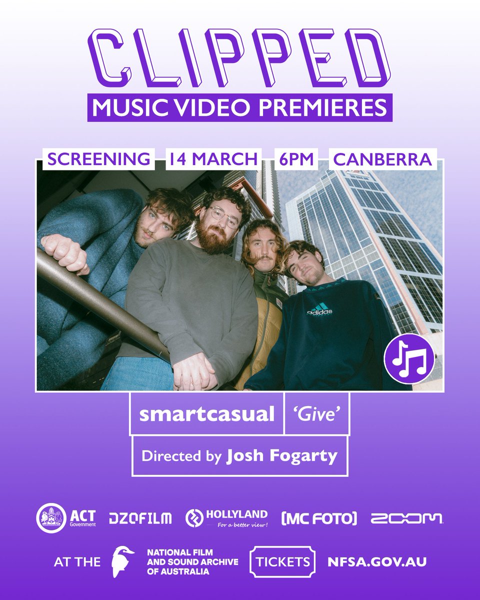 CLIPPEDTV's tweet photo. Music video ‘Give’ by SMARTCASUAL will premiere on the big screen at @CLIPPEDTV Music Video Premieres at @NFSAonline Sat 14 March 6pm 🎥
🎟️ https://t.co/6zvcTbRfNv
@Canberra @ScreenCanberra @MusicAct @ourANU @HerCanberra ❤️ https://t.co/kzwxwvO4ZK