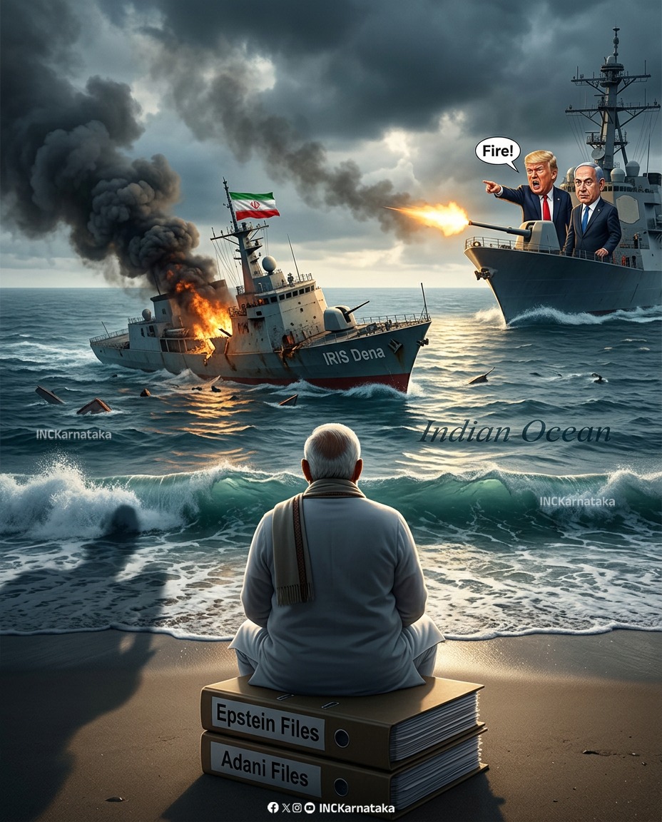 INCKarnataka's tweet photo. War has reached India’s maritime neighborhood. The sinking of the Iranian warship IRIS Dena, barely forty miles from Sri Lanka, should have drawn a clear response from India. Instead, there is silence.

For a government that endlessly speaks of Vishwaguru, SAGAR and MAHASAGAR, this silence is telling. When conflict unfolds in the Indian Ocean so close to our shores, slogans cannot replace leadership.

India’s Prime Minister sits in silence, guarding the Adani Files and Epstein Files instead of answering questions.

India deserves leadership that stands firm for its people, not one that looks away when the storm arrives.

#BJPFailsIndia