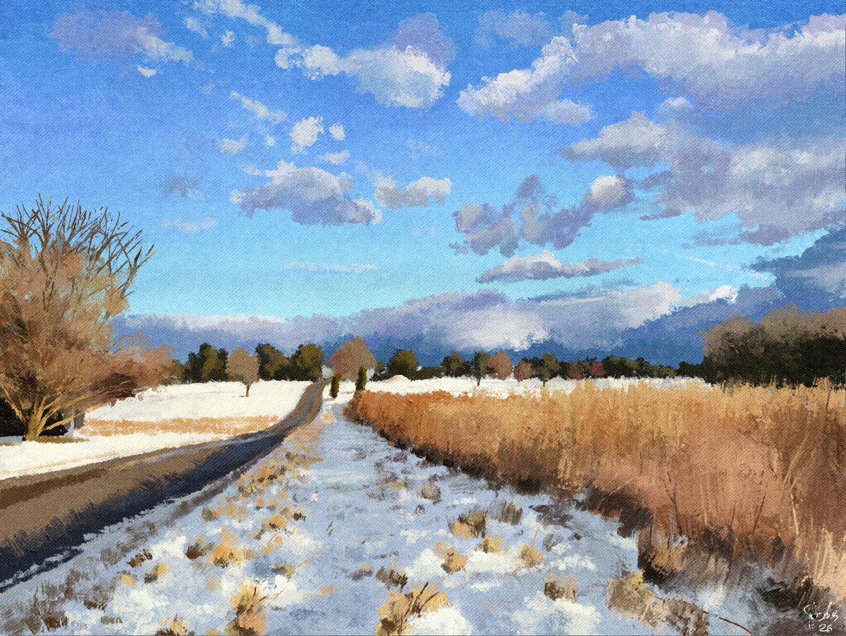 MonsAtrium's tweet photo. Winter road, painted in Krita https://t.co/EDqBEoAn7y