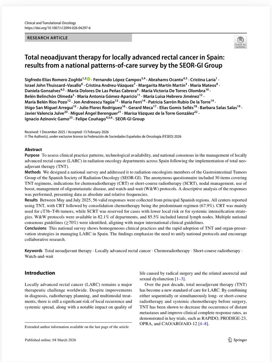 fcounago's tweet photo. 🚨 New publication

🇪🇸 National SEOR-GI survey on Total Neoadjuvant Therapy (TNT) in locally advanced rectal cancer, now in Clinical and Translational Oncology.

👏 Congrats to Sigfredo Romero, coordinator of the SEOR GI Tumors Group.

🔗 https://t.co/NNyyYyBYyo

#RectalCancer https://t.co/zNHhYwLZH7