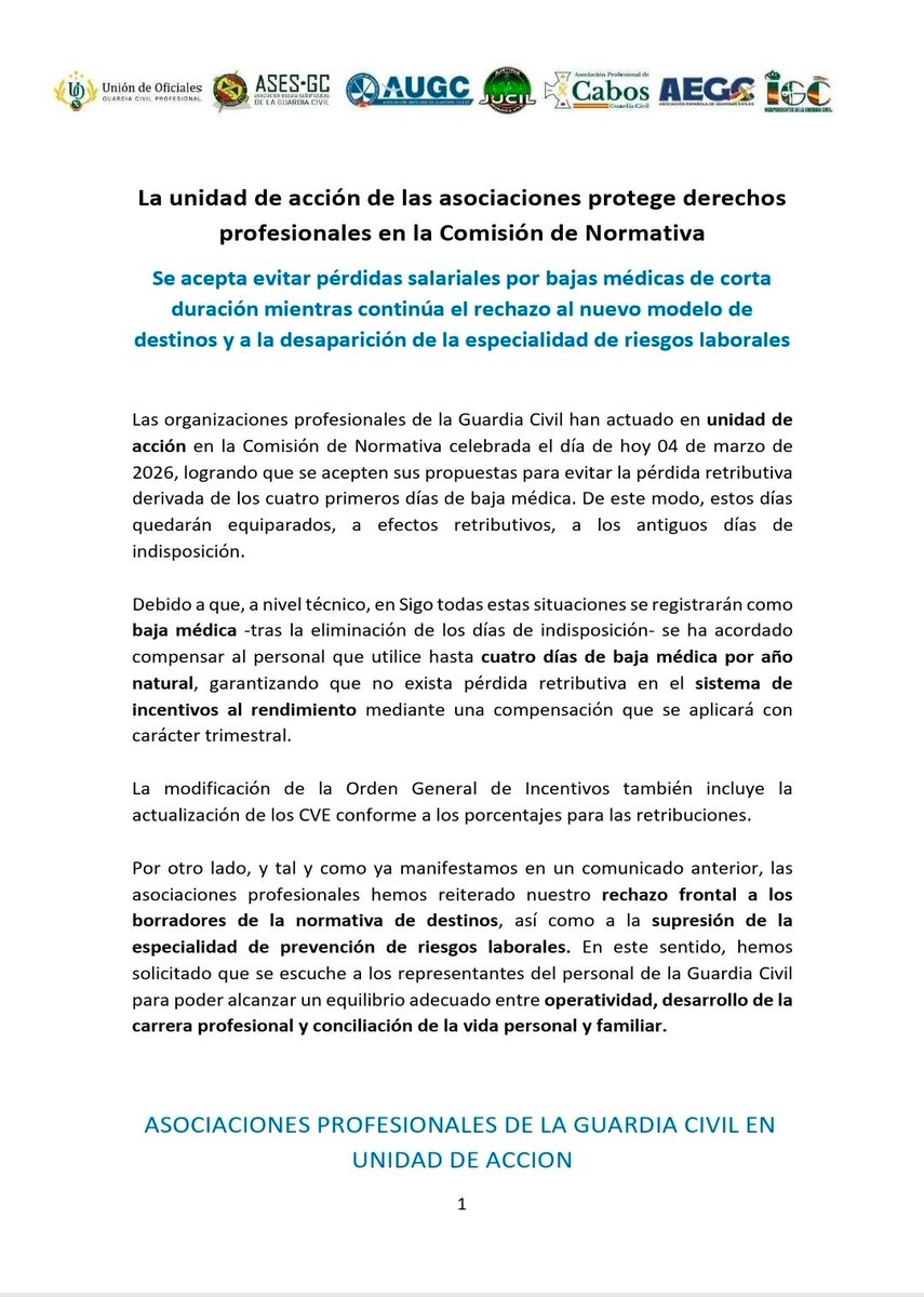 Las asociaciones profesionales de la Guardia Civil, en unidad de acción, frenan la pérdida retributiva por bajas médicas de corta duración en la Comisión de Normativa.

✔️ Hasta 4 días al año sin penalización económica.

❌ Seguimos rechazando el nuevo modelo de destinos y la