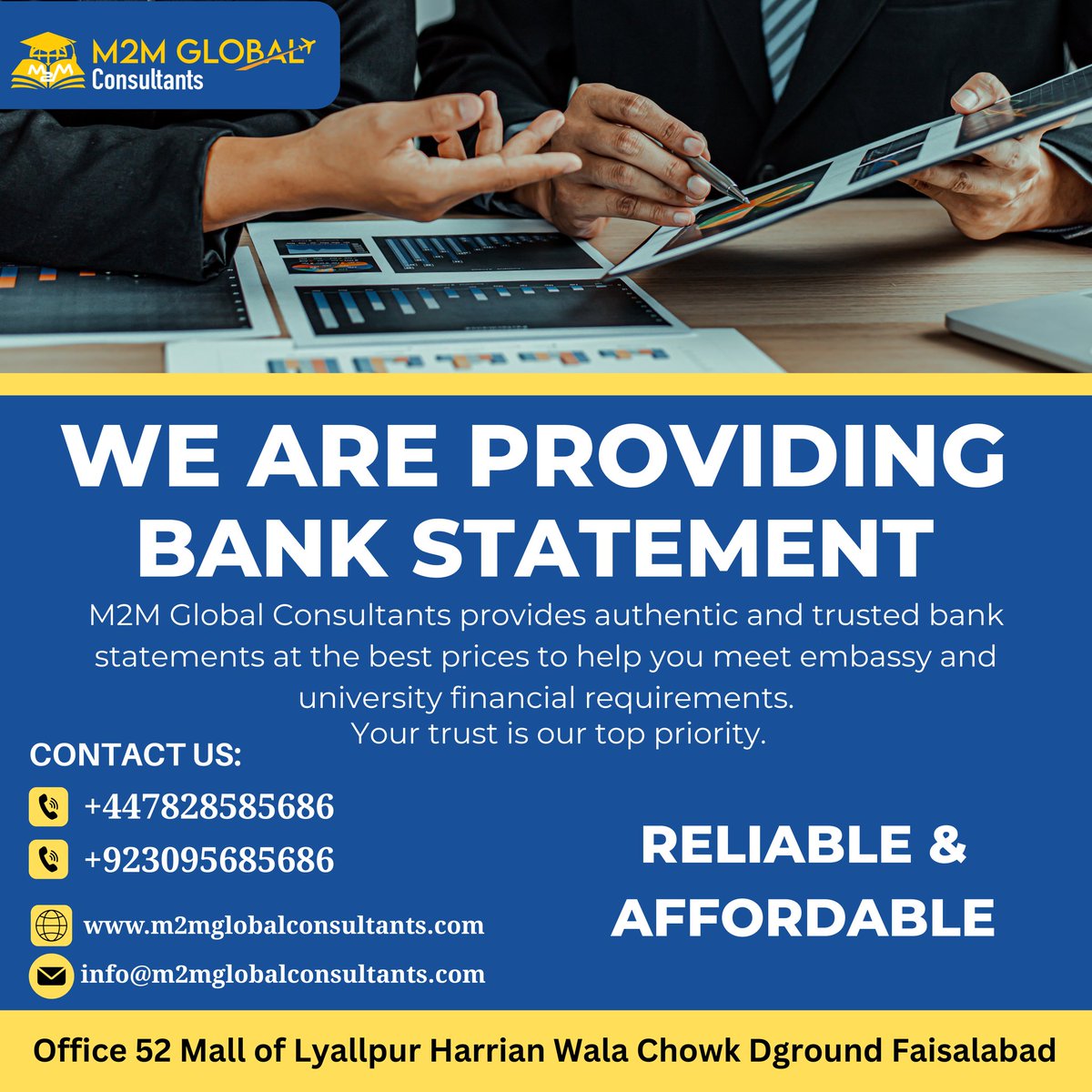 M2MGConsultants's tweet photo. Bank Statement for Study Visa – Reliable &amp; Affordable! 📷📷
📷 Contact us today:
📷 +92 309 5685686 | +44 7828 585686
📷 info@m2mglobalconsultants.com
📷 https://t.co/VMVesCiJ25

📷 Office #52, Mall of Lyallpur, Harrianwala Chowk, D-Ground, Faisalabad

#BankStatement #StudyVisa https://t.co/FE9elX6tVW