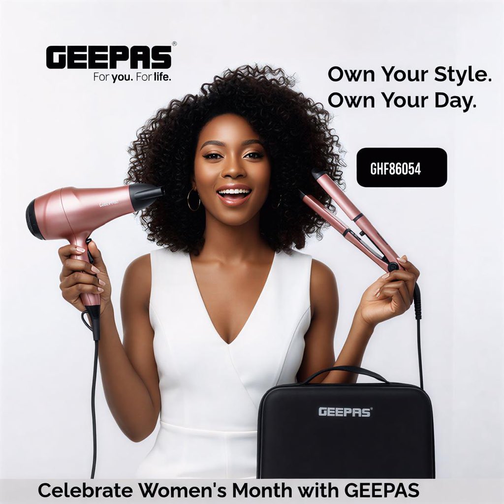 GeepasUganda's tweet image. This Women's Month, carry your salon wherever you go! 💁🏾‍♀️✨

The Geepas 4-in-1 Portable Styler:
🔹 Dryer
🔹 Straightener
🔹 Curler
🔹 Eva Travel Bag
Whatsapp on 0779 514 214

Compact power for the queen on the move. #WomensMonth #Geepas #HairGoals