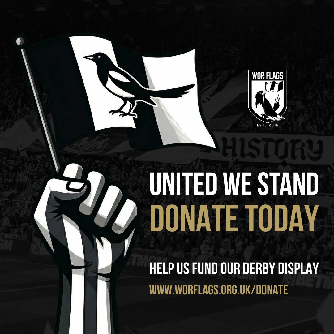 UNITED WE STAND! ✊

Help us fund our massive derby day display. Let's make it unforgettable! 🖤🤍

Every contribution helps us reach the final goal. 

🔗 Donate to our fund and make derby day memories at: WORFLAGS.ORG.UK/DONATE