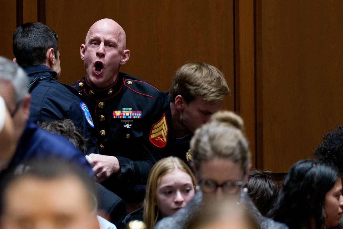 RushNews5's tweet photo. US-ISRAEL WAR ON IRAN

US Marine veteran Brian McGinnis was dragged out of Senate subcommittee hearing by Capitol security for protesting against Iran bombing

He shouted:No one wants to fight for Israel

#RushNews Spain Mbuthuma De Jong Newcastle Brighton Mabasa Paul O'Sullivan https://t.co/yHTx7PMnnh