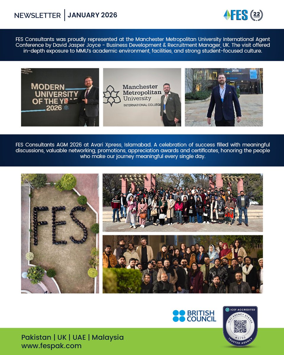 We Guide You Lead👍🏻
January 2026 Newsletter of FES, The Leading Education Consultants in Pakistan.
.
.
Like and follow our official accounts for more Updates!👇🏻
▪️ Facebook: facebook.com/fespak1
▪️ Instagram: instagram.com/fesconsultants
▪️ WhatsApp Channel: whatsapp.com/channel/0029Va…
