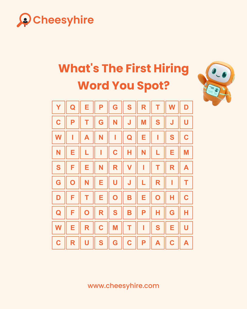 CheesyHire's tweet photo. Hiring is already a puzzle… so we made an actual one.
Can you find the hidden hiring words?
Drop the first one you spot in the comments
Let’s see who has recruiter vision
#cheesyhire #hiringpuzzle #wordfinder #recruitment #hiring #hrcommunity #talentacquisition #recruiterlife https://t.co/Idqg4YeVgO