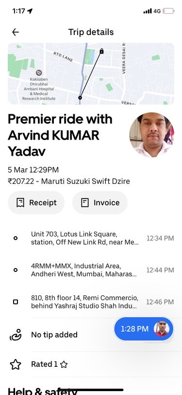 eeshaanroy's tweet photo. @Uber_India Extremely aggressive behaviour by an Uber Premier Driver named Arvind Kumar Yadav in Mumbai. My wife had put two stops in the booking as she was picking up our child from location A, where she asked him to wait for a couple of minutes while our child came. https://t.co/H2uWm4vuAJ
