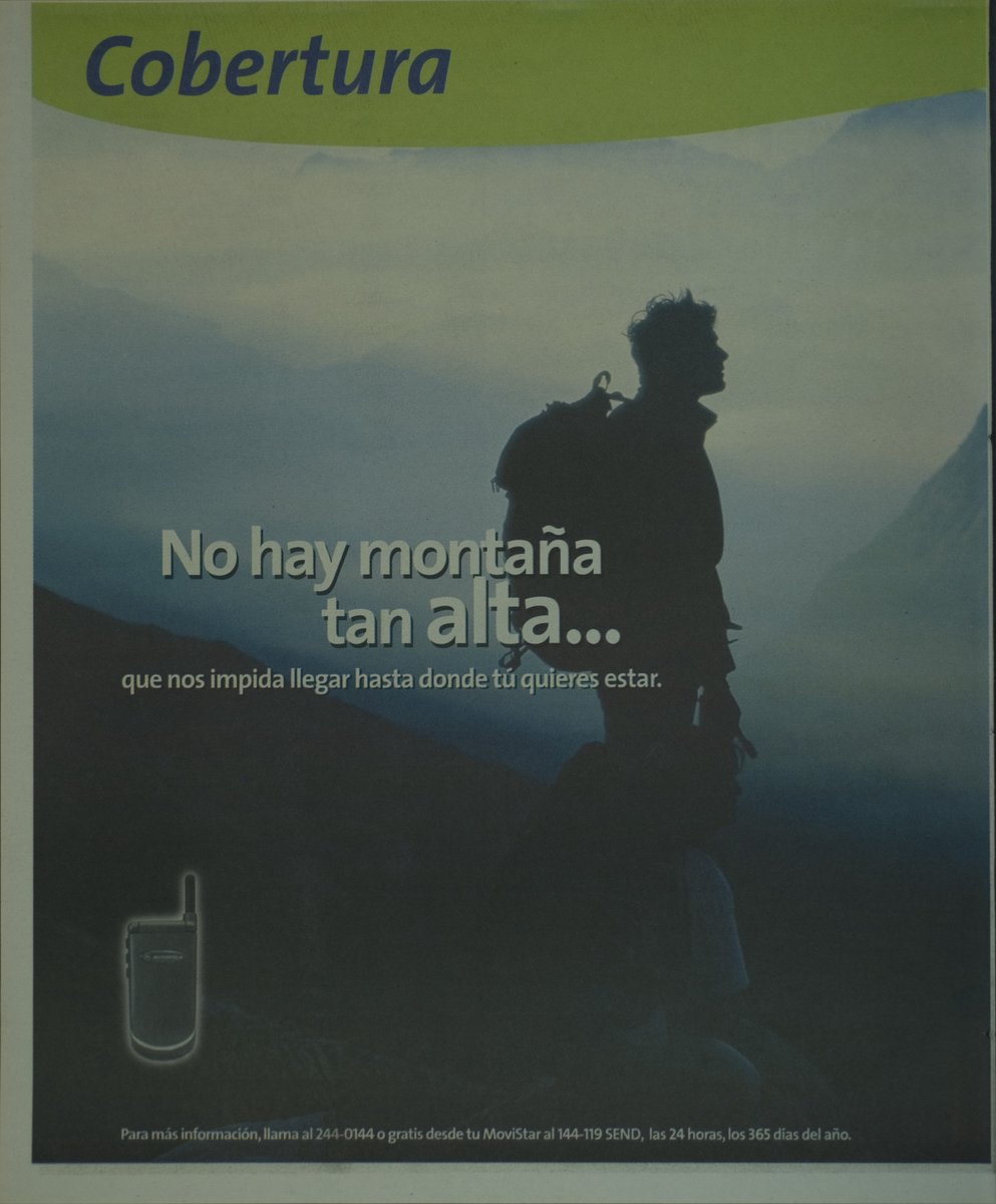 vgarc1ar's tweet photo. Hoy, en #ElSalvador de hace 25 años (05/Mar/2001), Telefónica Movistar trae al país su campaña "Sin Barreras", promocionado su amplia cobertura de telefonía móvil en territorio nacional. 
¿Se acuerdan del anuncio televisivo con la canción "Ain't No Mountain High"? Pues ese. https://t.co/CM1HXnl5Xq