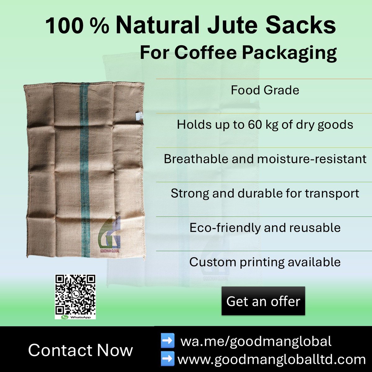 Goodman_Global's tweet image. 𝟭𝟬𝟬% 𝗡𝗮𝘁𝘂𝗿𝗮𝗹 𝗝𝘂𝘁𝗲 𝗕𝗮𝗴𝘀 - 𝗖𝗼𝗳𝗳𝗲𝗲 𝗣𝗮𝗰𝗸𝗮𝗴𝗶𝗻𝗴 𝗝𝘂𝘁𝗲 𝗦𝗮𝗰𝗸𝘀  

👉goodmangloballtd.com 👉@Goodman_Global

➡️ Cocoa beans
➡️ Flour packaging
➡️ Maize

#jutebags #ecofriendlypackaging #zerowastelife #reusablebags #naturalfibers