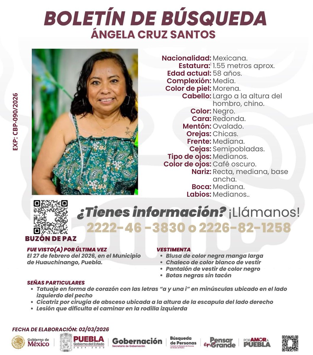TribunaVigila's tweet photo. #Ayuda para localizar a Ángela Cruz Santos de 58 años, fue visto por última vez en #27deFebrero en #Puebla. #Comparte #ServicioSocial #LaVozDeLosPoblanos #SeBusca https://t.co/Rh6VM6bQIY