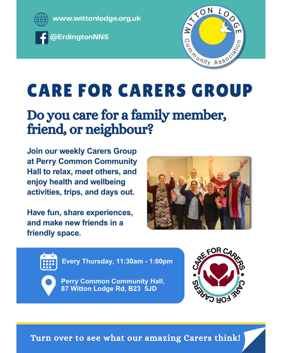wittonlodge's tweet photo. Carers, join us TODAY for warmth &amp; connection! 🌟 Weekly Carers Group at Perry Common Hall – chats, wellbeing activities, trips &amp; support! 🙌✨

📍87 Witton Lodge Rd, B23 5JD 🕛11am-12:30pm

Fauzia: 0121 382 1930 | Fauzia.begum@wittonlodge.org.uk 💙

#CareForCarers https://t.co/1WYZkdvkuo