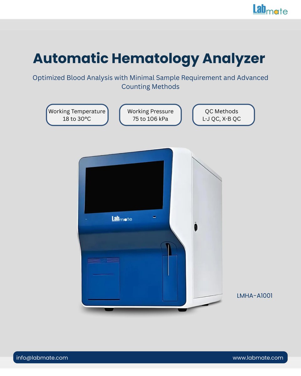 labmateINC's tweet photo. Automatic Hematology Analyzer LMHA-A1001 uses a 15 µL sample with multi-segment counting and digital filtering for high-throughput blood analysis.

info@labmate.com

Learn More: https://t.co/nW4Fkwe2SY

#Labmate #HematologyAnalyzer #LabAnalyzer #HematologyTesting https://t.co/L2udiAv0ji