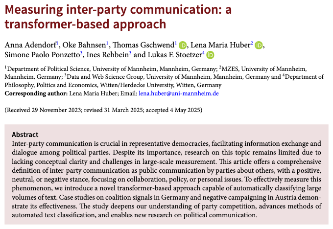 PSRMJournal's tweet image. 💬 How can we measure inter party communication?

➡️ Using a transformer based approach, A Adendorf et al. classify how parties talk about rivals (positive-negative), with applications to coalition signals in Germany and campaigning in Austria cambridge.org/core/journals/… #FirstView