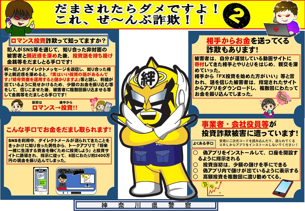 Hadano_Police's tweet photo. 投資ロマンス詐欺の手口を紹介します。
紹介した手口を参考に投資ロマンス詐欺に注意してください。 https://t.co/7kaQuasXZr