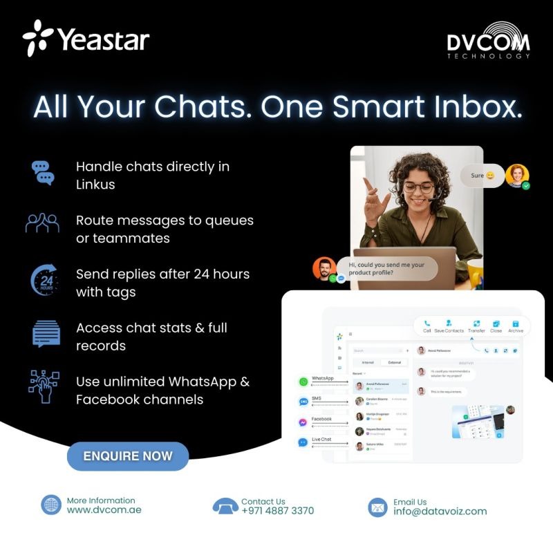 DvcomTechnology's tweet image. Customer chats coming from everywhere?

#Yeastar Omnichannel Messaging brings your SM channels into one smart inbox for faster replies and better customer experience.
For for information, Contact #DVCOM:

📞+971 4887 3370
🌐 dvcom.ae

#DVCOM #UnifiedCommunications