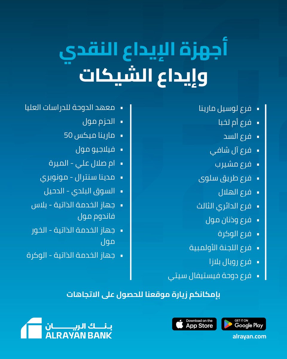 alrayanbankgrp's tweet photo. أجهزة الخدمة الذاتية متاحة لكم على مدار الساعة طوال أيام الأسبوع. 
يرجى زيارة موقعنا للاطلاع على مواقع الأفرع والأجهزة والحصول على الاتجاهات
https://t.co/RaifC8djh7

Our Self-Service Kiosks are available 24/7 for you. 
Please visit our website to get directions for branch and machine locations
https://t.co/NTnvmpSvOu
