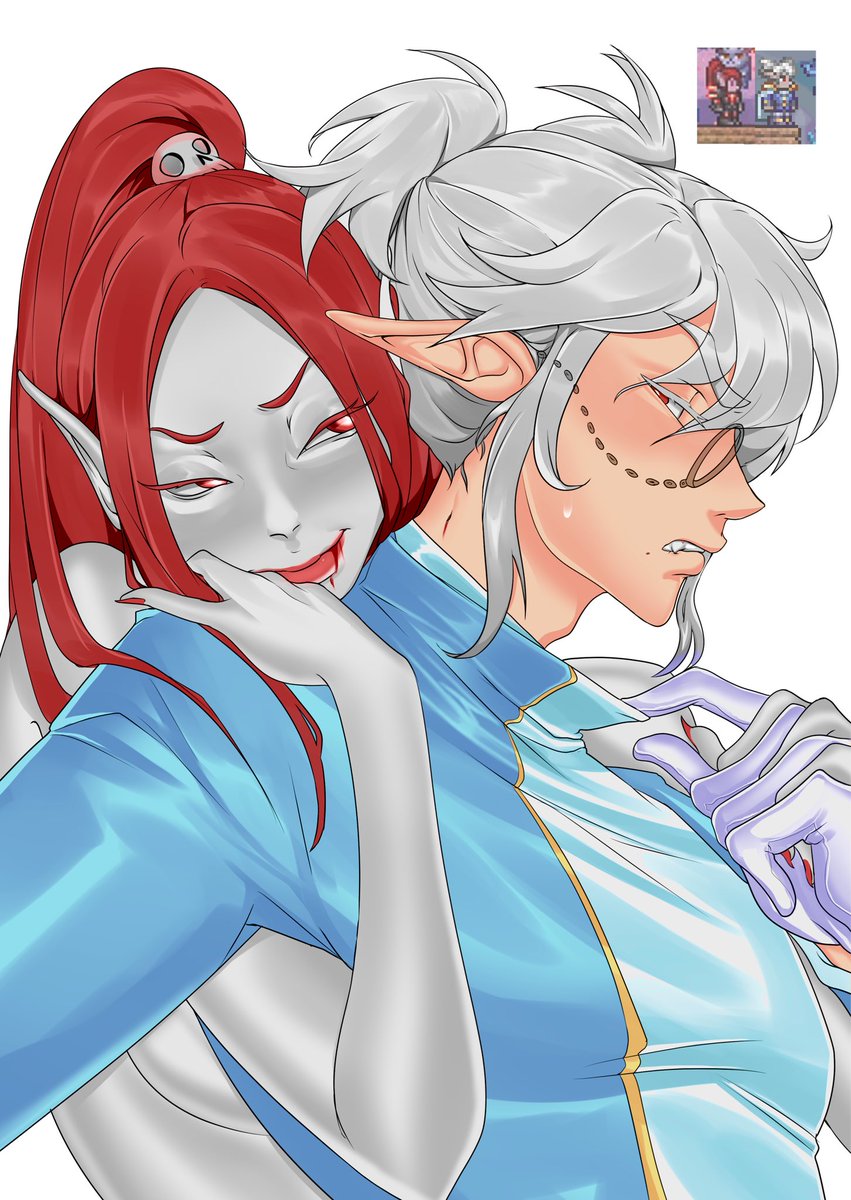 tooqiart's tweet photo. Vampy x royal nerd 
Me and my bf’s modded terraria chars yay https://t.co/fCNgFJs6uj