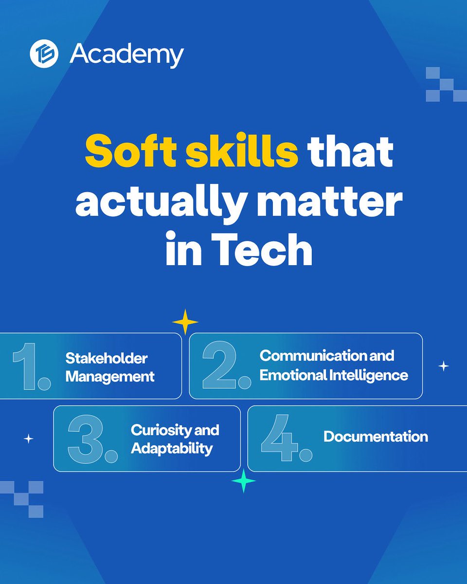 Beyond having technical skills, having people skills is extremely important to your career growth.
 
You need to know how to explain what you do to in layman terms, keep calm when a project you’re working on doesn’t go as planned and so much more.

Which of these soft skills are