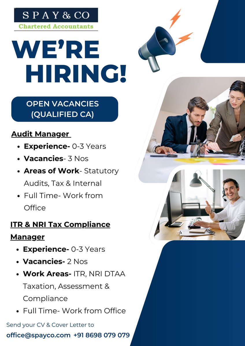 Spaysocial's tweet photo. We are hiring at @Spaysocial 

Open Positions:

• Statutory &amp; Tax Audit Manager (CA) – 3 Vacancies
• Income Tax Return &amp; NRI Compliance Manager (CA) – 2 Vacancies

Experience: 0–3 years
Location: Karvenagar, Pune

Send resume: office@spayco.com
#Hiring  #CAJobs #PuneJobs https://t.co/4nRiv94okX