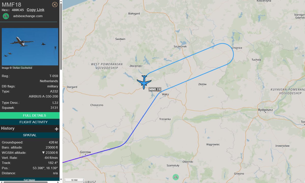 PolishMilRadar's tweet photo. 📅 05.03 🕒 09:08LT - ⛽️✈️ Tankowanie w TSA 29
W strefie TSA 29 KATE na FL230 odbywa się tankowanie w powietrzu z udziałem ✈️ #MMF18 Airbusa A330-243MRTT "T-059" Multinational Multi-Role Tanker Transport Fleet (MMF), operującego z bazy w Eindhoven #EHEH 🇳🇱
🔗 https://t.co/S4EMpivJpe
#POLMILRADAR