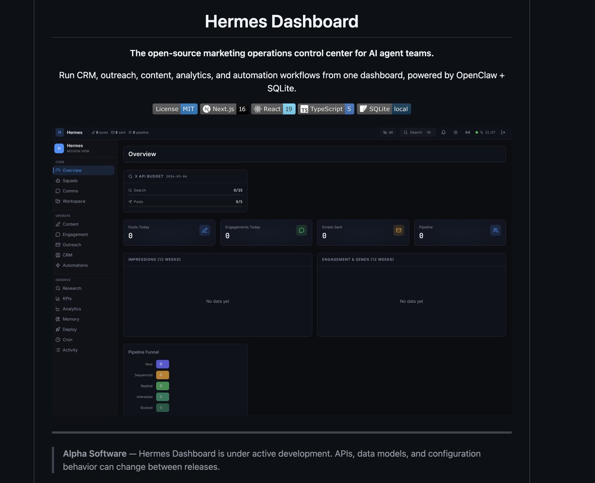 We open-sourced Hermes Dashboard.

A GTM-native command center for AI growth teams:

  • CRM + pipeline
  • Outreach + approvals
  • Content + calendar
  • Analytics (GA4/X/LinkedIn)
  • Automations + cron
  • Agent squads + mission-control comms

MIT. 
`pnpm start` and